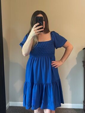 She + Sky Royal Blue Smocked Square-Neck Midi Dress